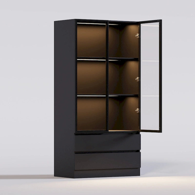 Vitrine de rangement avec portes en verre trempé et étagères LED à 4 niveaux