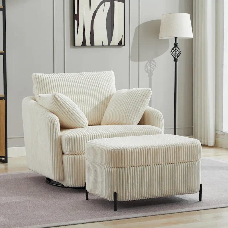 Upholstered Swivel Barrel Accent Chair with Storage Ottoman Option