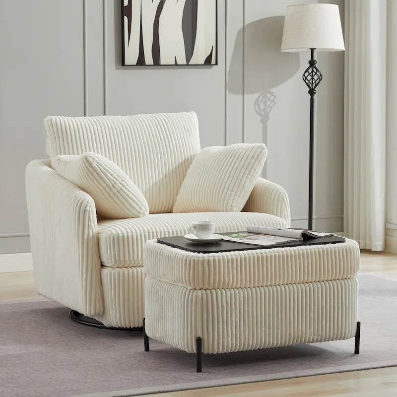 Upholstered Swivel Barrel Accent Chair with Storage Ottoman Option