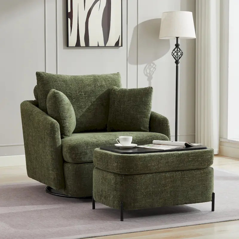 Upholstered Swivel Barrel Accent Chair with Storage Ottoman Option