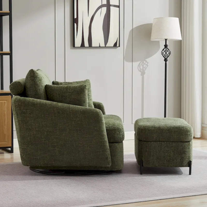 Upholstered Swivel Barrel Accent Chair with Storage Ottoman Option